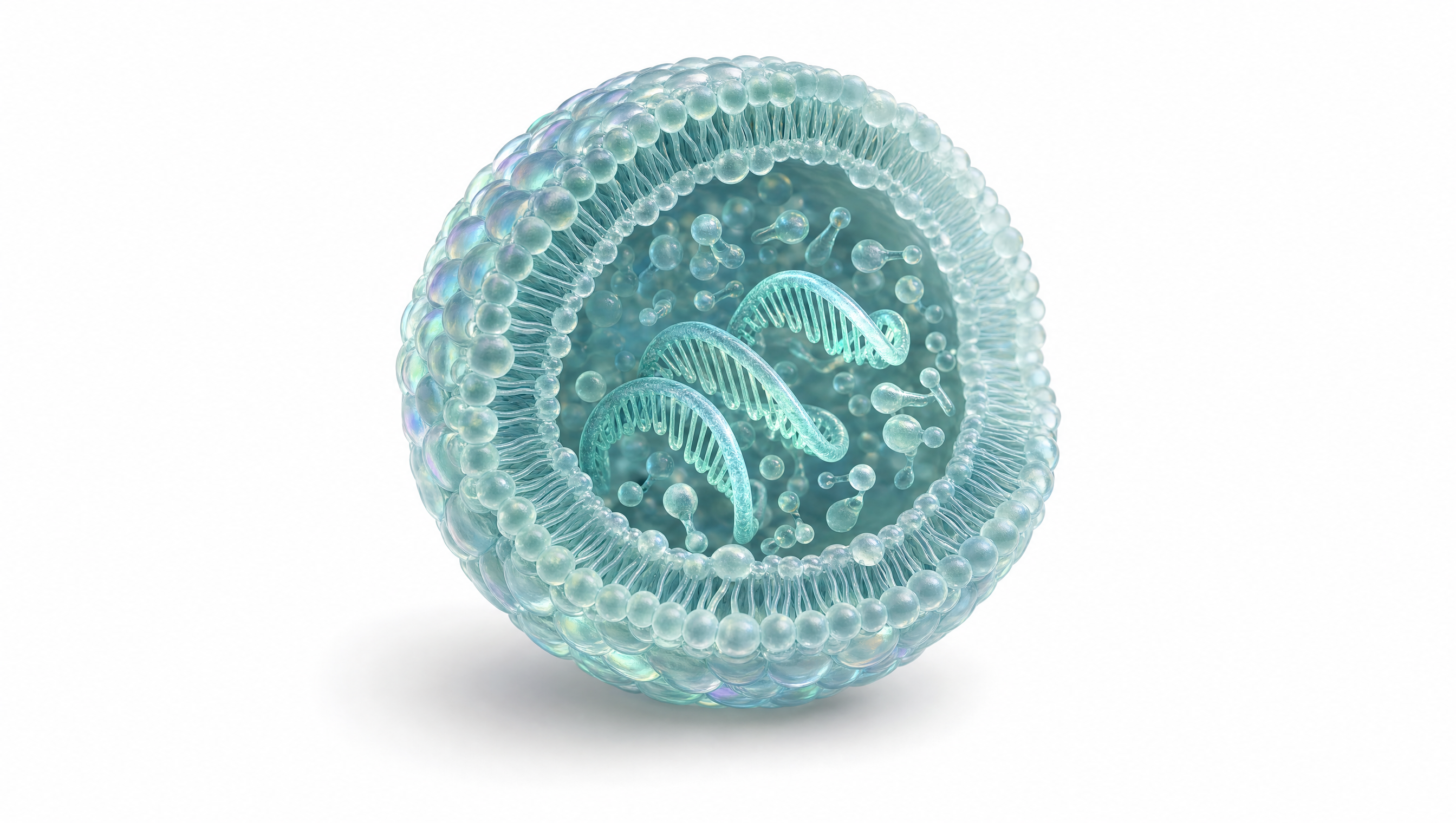A designed mRNA sequence encapsulated in a lipid nanoparticle, cutaway view